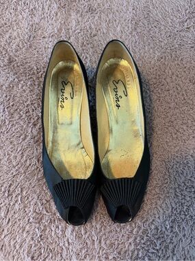 Vintage Evins Made in Italy Black Satin Peep Toe Pumps Heels Size 10 AAA Narrow